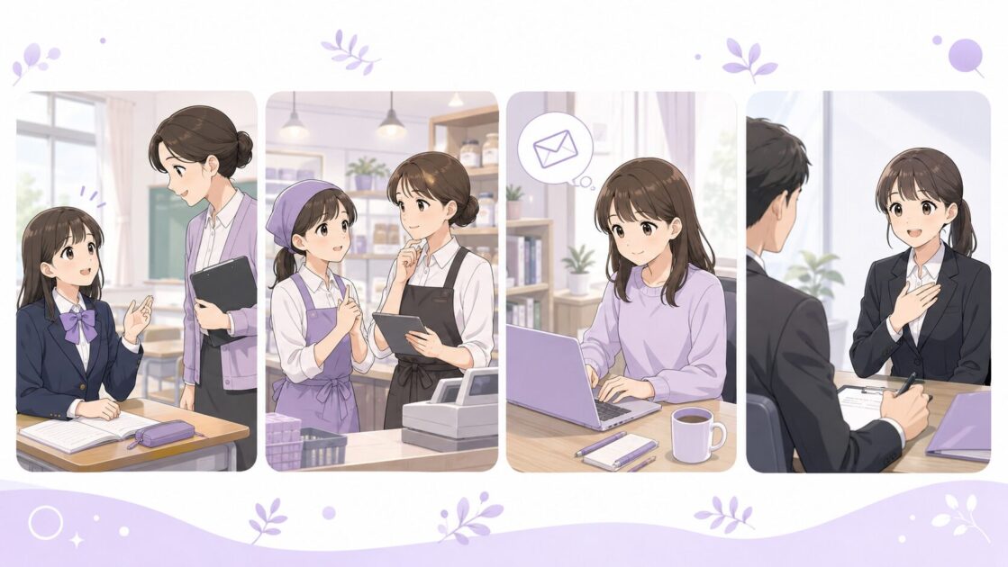 学校・バイト・大学・就活・職場で敬語を使う場面を並べた挿絵