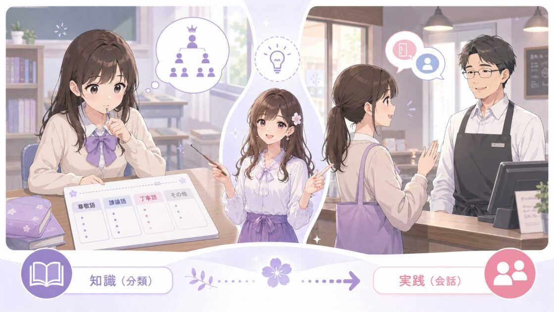 国語のテストで敬語を分類する場面と実生活で敬語を使う場面を比較した図