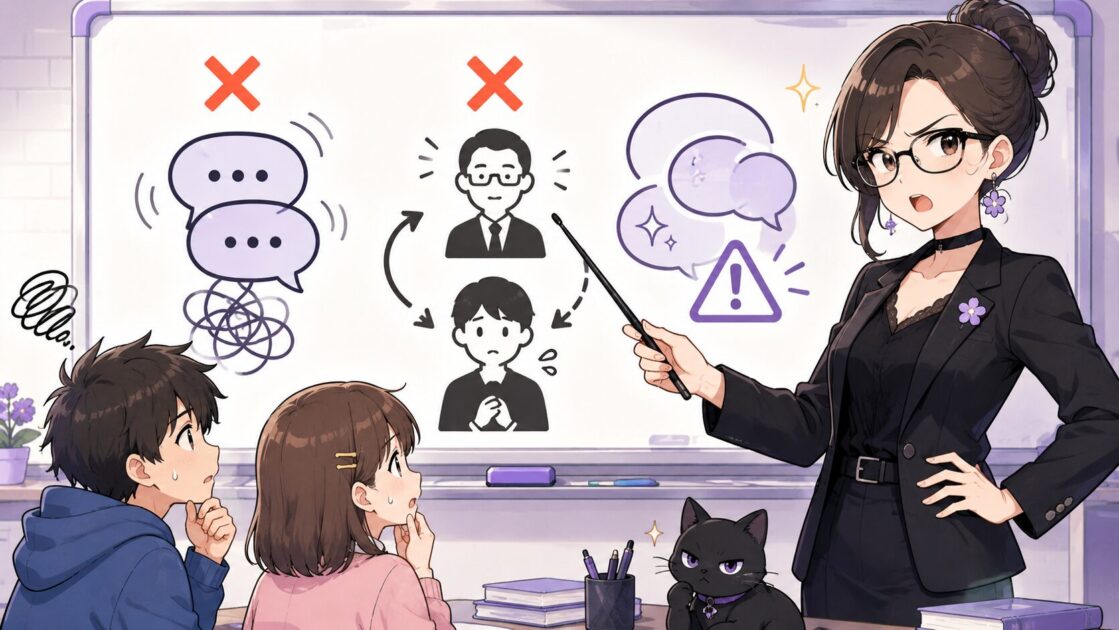 悪もこあい先生が二重敬語や丁寧すぎる敬語に注意を促す挿絵