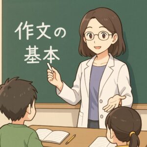 中学生向けの作文授業で、教室の黒板の前に立つもこあい先生がチョークを持って笑顔で説明している挿絵。作文の記事の導入理解を助ける場面。