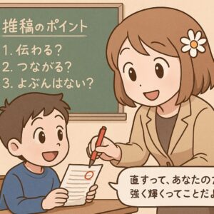 原稿をもとに、もこあい先生が健太へ優しく推敲のポイントを教えている教室シーン。文章を整える「推敲」の基本を視覚的に理解させる挿絵。