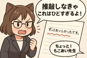 悪もこあい先生が、生徒の作文の問題点を勢いよく指摘し、文章の推敲ポイントを強調しているシーン。中学生が楽しく推敲を学べるように描かれたコミカルな教育イラスト。 