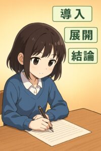 恵子が机に向かって静かに作文を書き始め、集中している様子を描いた学習イラスト。文章構成を理解して実際の書き出しに入るシーン。 
