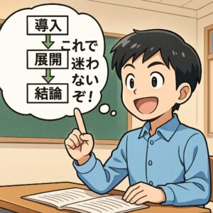 中学生の健太が「導入→展開→結論」の文章構成を理解し、これで迷わないと喜んでいるシーン。作文の型を直感的に学べる教育イラスト。 