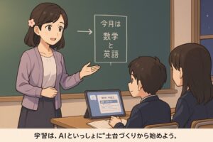 黒板の前で髪に花のワンポイントをつけたもこあい先生が「今月は数学と英語」と書かれた学習計画を説明し、タブレットのAI画面を見ながらノートを開く中学生の男女がうなずいている教室シーンのイラストで、AIと一緒に勉強の土台づくりをするイメージを伝える。