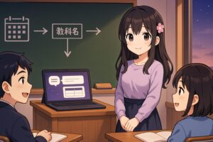 黒板の前で髪に花のワンポイントをつけたもこあい先生が、中高生の生徒たちとAI画面を見ながら学習計画を立てている様子を描いたイラストで、AIを活用した5つの学習法の記事の導入をわかりやすく伝える。