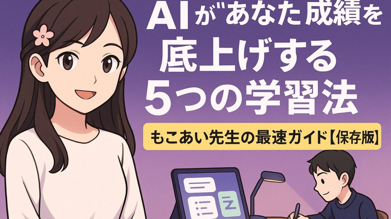 紫のグラデーション背景に、髪に花のワンポイントをつけたもこあい先生のバストアップと、机で勉強する男子生徒とタブレットが描かれ、「AIが“あなたの成績を底上げする”5つの学習法 もこあい先生の最速ガイド【保存版】」という文字が入った学習記事用サムネイル。