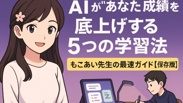 紫のグラデーション背景に、髪に花のワンポイントをつけたもこあい先生のバストアップと、机で勉強する男子生徒とタブレットが描かれ、「AIが“あなたの成績を底上げする”5つの学習法 もこあい先生の最速ガイド【保存版】」という文字が入った学習記事用サムネイル。