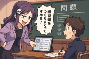 髪にかわいい髑髏のヘアピンをつけた悪もこあい先生がタブレットのAI画面を指さし「練習問題をつくりまくってやる！」と叫び、生徒の男の子が驚きながらノートを構えている教室シーンのイラストで、AIが大量の練習問題を自動生成してくれる雰囲気をコミカルに伝える。