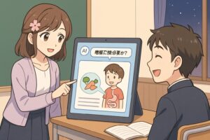 髪に花のワンポイントをつけたもこあい先生がタブレットのAI画面を指さし、消化の仕組みを図解で説明しているのを中学生の男の子が笑顔で聞いている教室シーンのイラストで、AIが難しい内容をやさしくかみ砕いて理解を助ける様子を表現している。