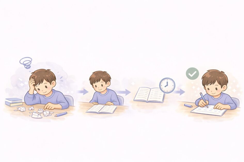 勉強が崩れたあとに、机に座るだけなど小さな一歩から戻る流れを示した挿絵