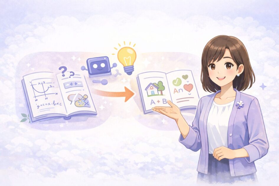 難しい説明をAIがやさしく言い換えるイメージの図