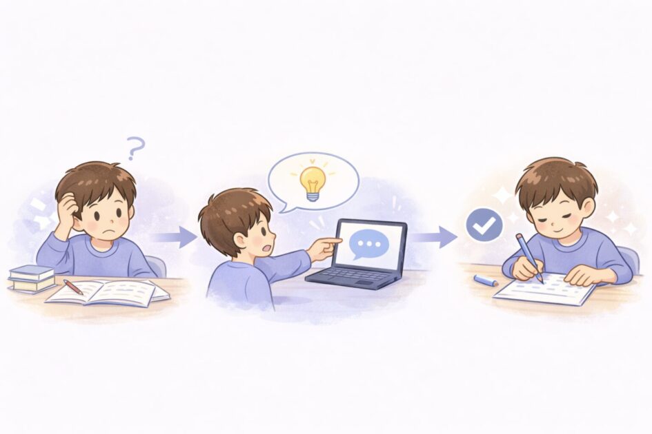 AIから答えではなくヒントをもらい、自分で考えて問題を解く流れを示した挿絵