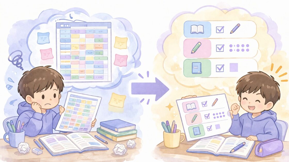 立派すぎる勉強計画で止まりかけた健太が、最小単位の予定に直して戻る様子を示した挿絵