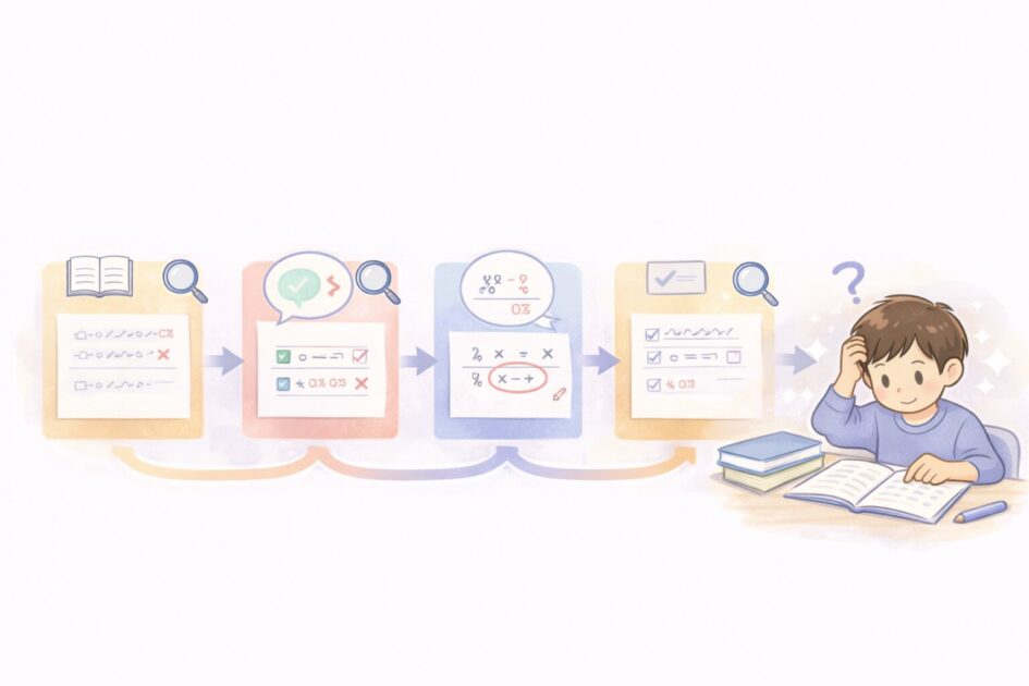 間違いを問題文・考え方・計算・確認の段階に分けて見直す様子を示した挿絵