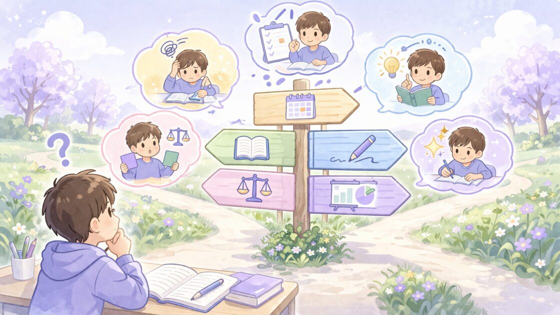 AI学習で困りごと別に進む入口を、計画・理解・練習・比較の分かれ道として示した挿絵