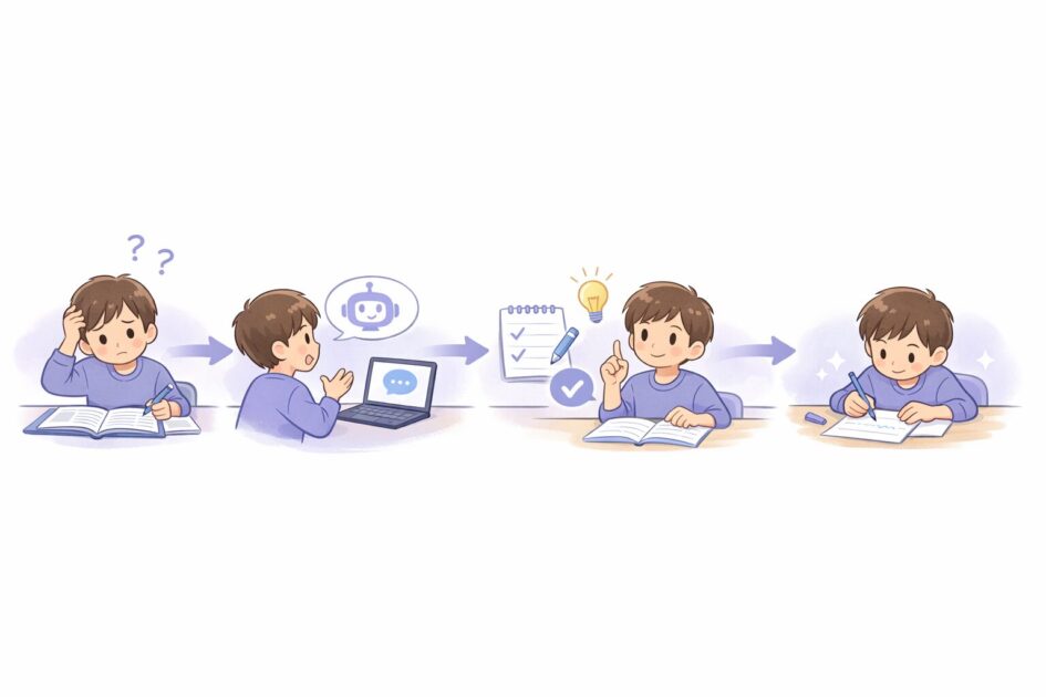 AIで勉強するときに、つまずきの確認から自分で1問解くまでの流れを順番で示した挿絵