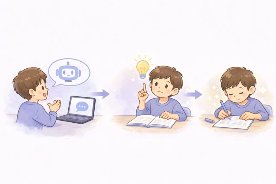 AIのやさしい説明を読んだあと、自分の言葉で言い直してノートにまとめる流れを示した挿絵