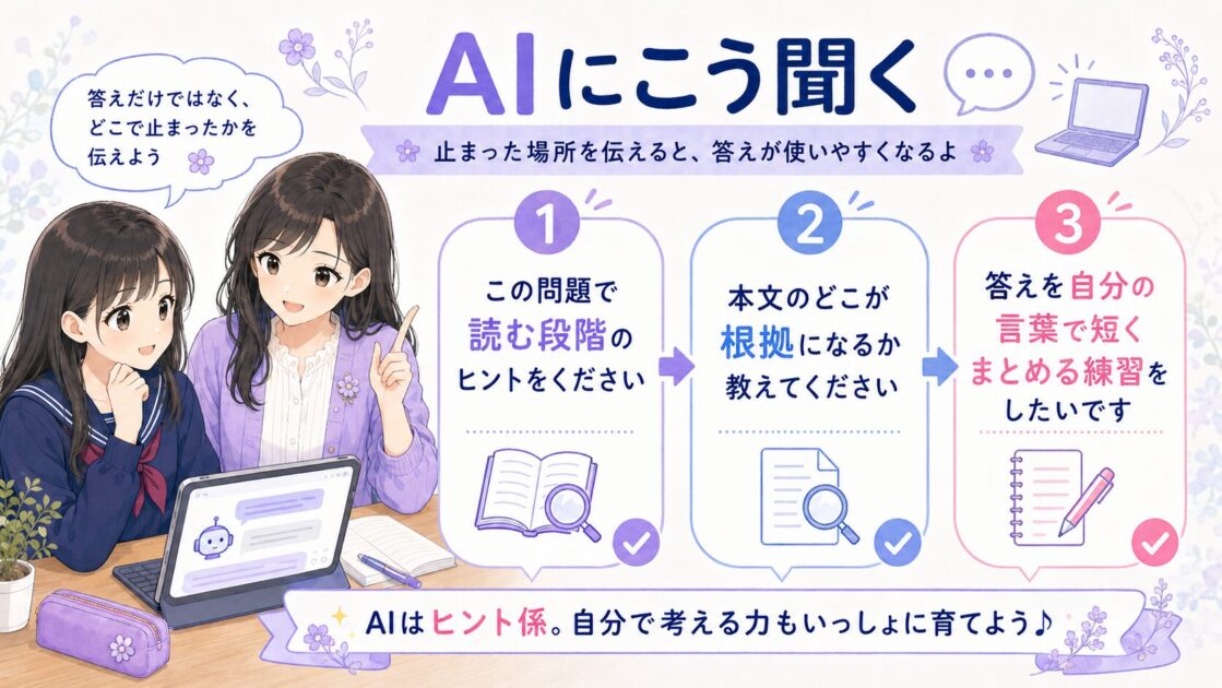 国語の文章問題でAIに相談するときの質問テンプレートを示した図