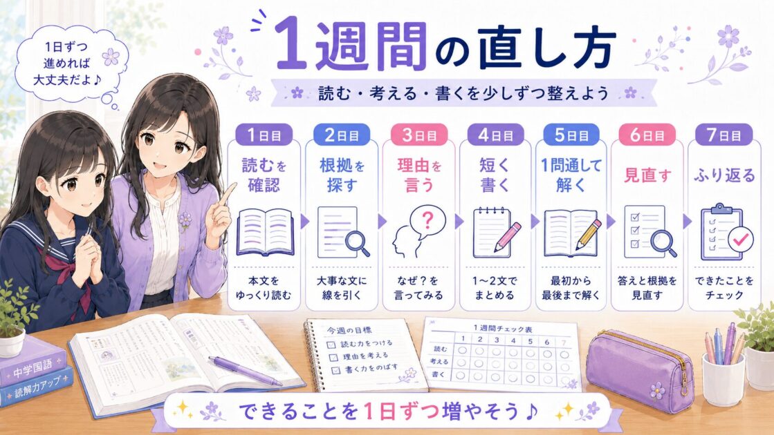 国語の文章問題が苦手な中学生向けに読む・考える・書くを1週間で整える学習スケジュール図