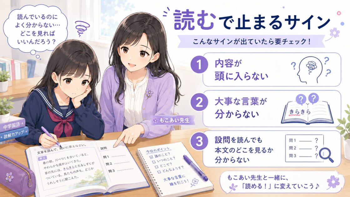 国語の文章問題で本文の内容をつかめず読む段階で止まる様子を示した図