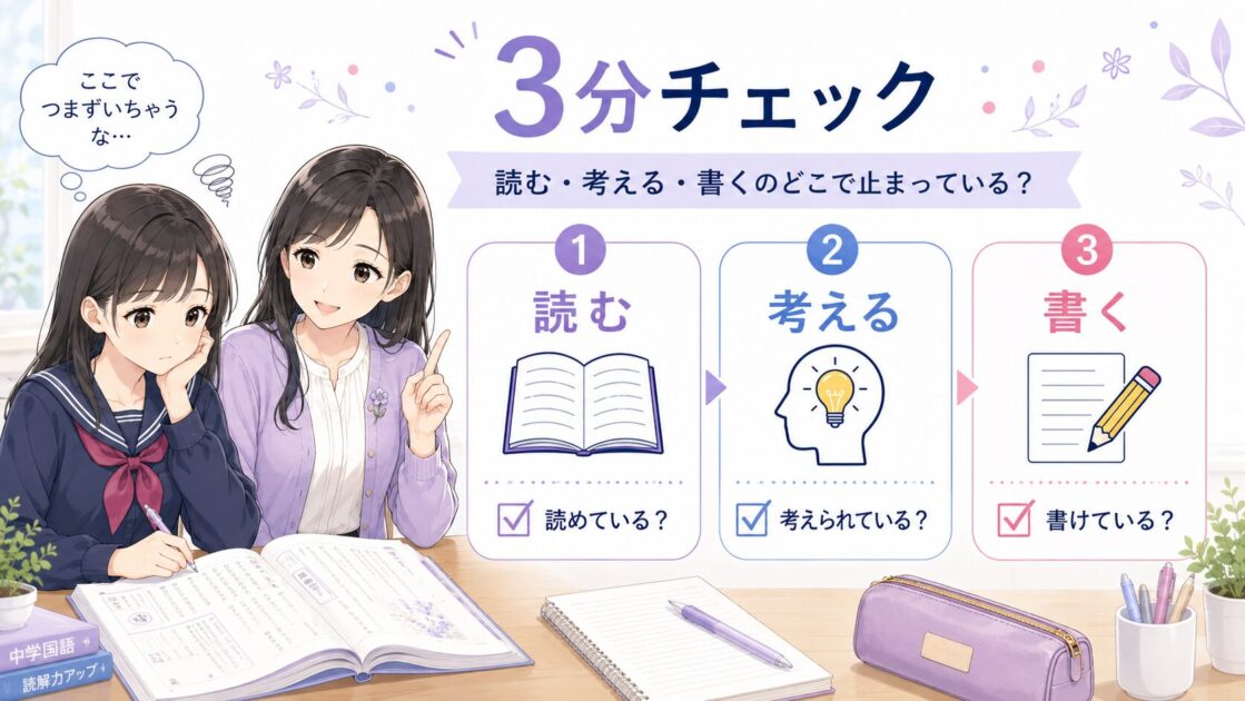 国語の文章問題で読む・考える・書くのどこで止まっているかを確認する3分チェック図