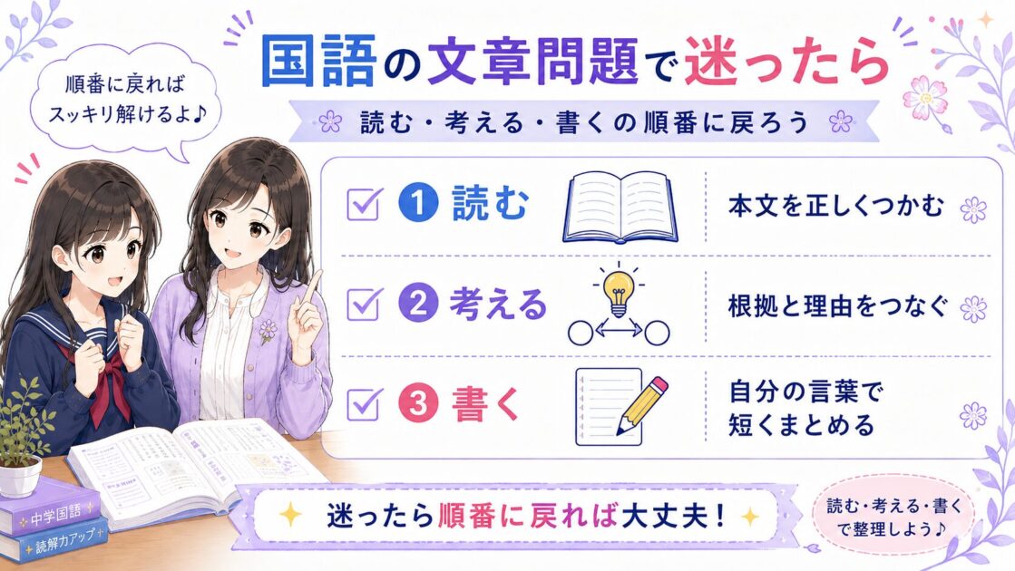 国語の文章問題で大切な読む考える書くの要点をまとめた復習カード図