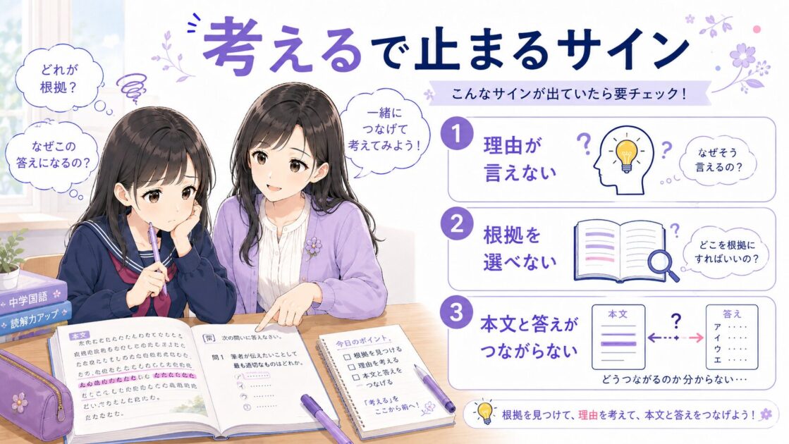 国語の文章問題で根拠や理由を結びつけられず考える段階で止まる様子を示した図