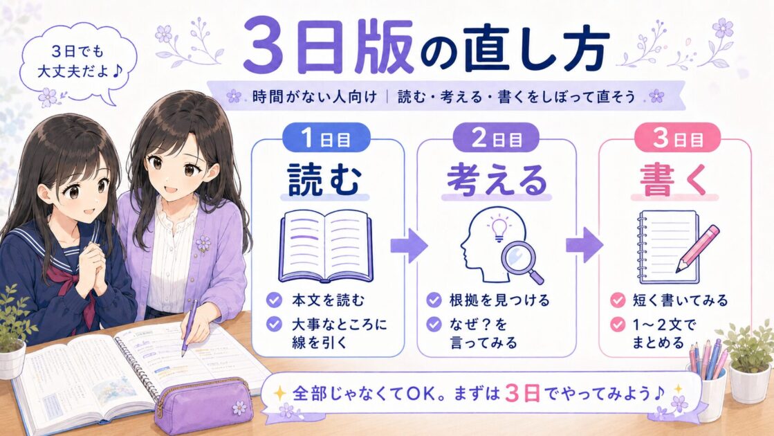 国語の文章問題を3日で見直すための短縮学習プランを示した図