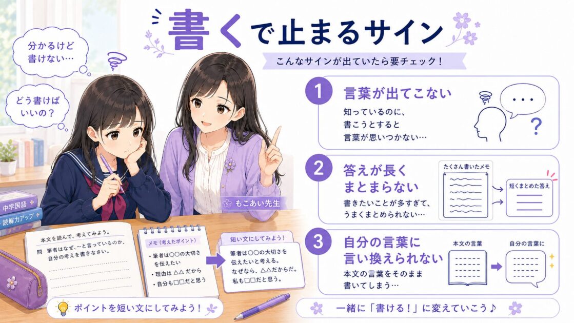 国語の記述問題で答えを自分の言葉にまとめられず書く段階で止まる様子を示した図