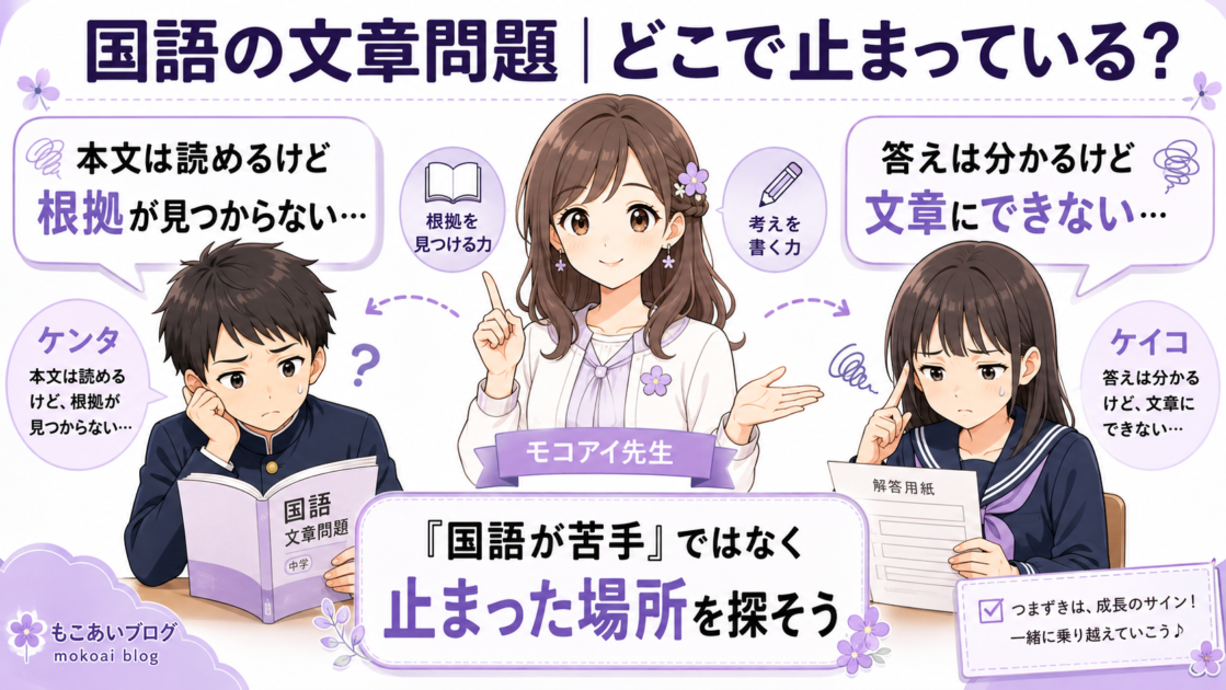国語の文章問題で、健太は根拠探し、恵子は記述で止まっていることを示すイラスト