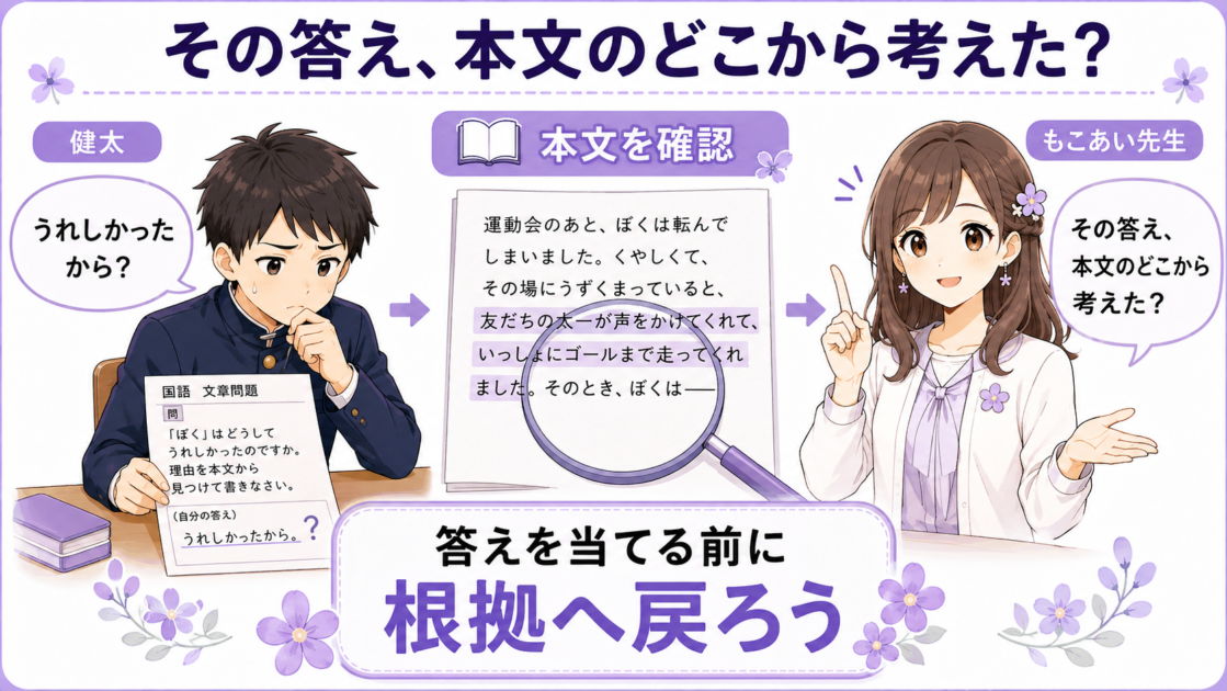 健太の答えに対して、もこあい先生が本文の根拠を確認するよう促す図