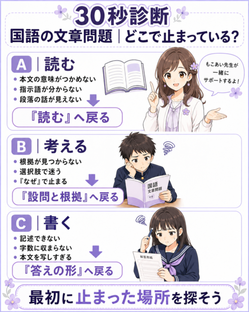 国語の文章問題のつまずきを「読む・考える・書く」の3タイプに分けた30秒診断