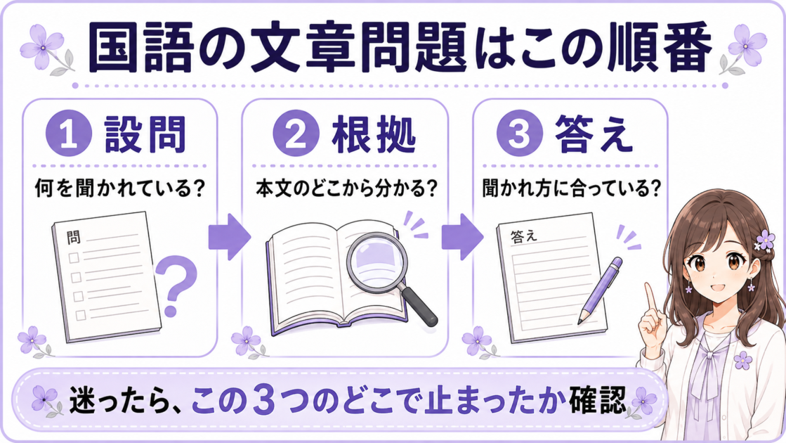 国語の文章問題を「設問・根拠・答え」の3ステップで考える流れ