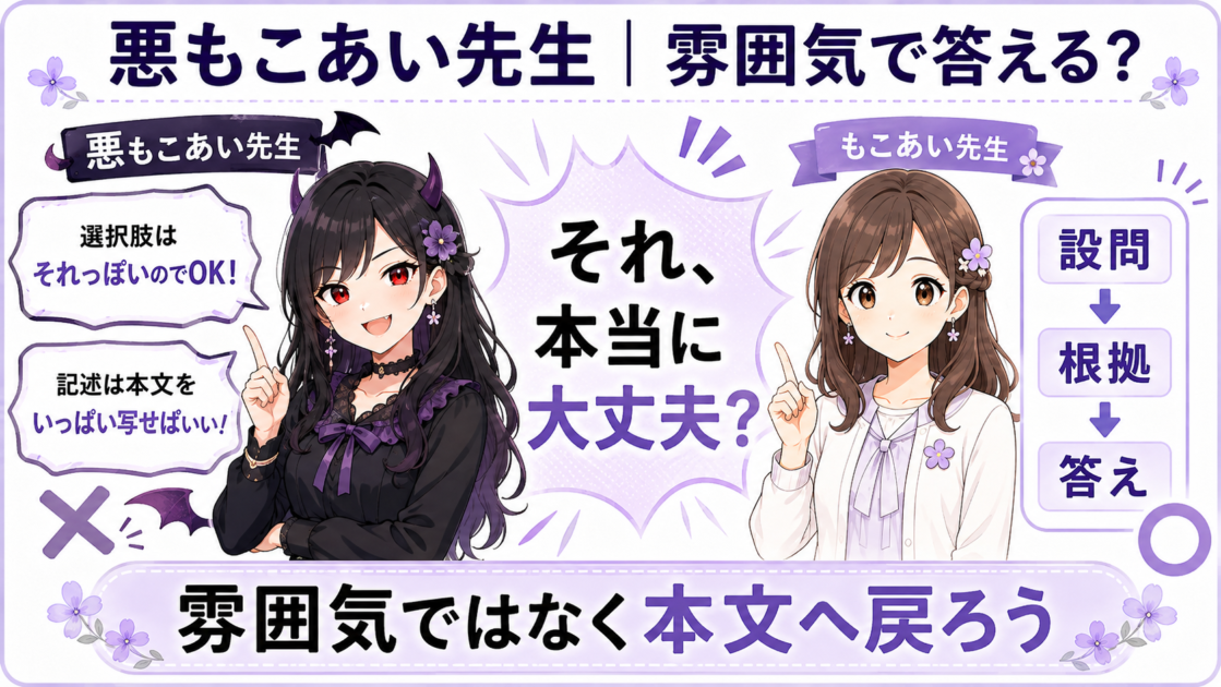悪もこあい先生の「雰囲気で答える」方法と、設問・根拠・答えで考える正しい流れの比較