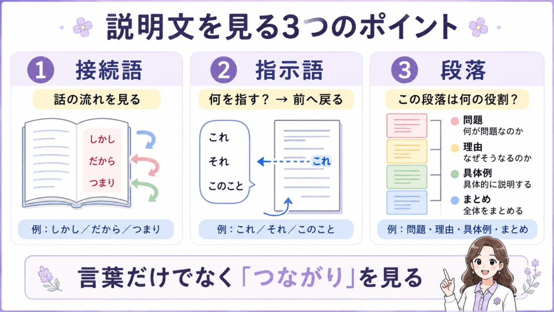 説明文を読むときの接続語・指示語・段落の3つの確認ポイント