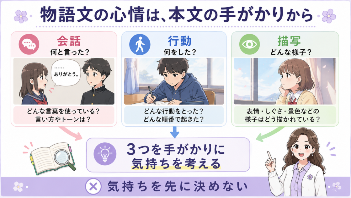 物語文の心情を会話・行動・描写の3つの手がかりから考える図