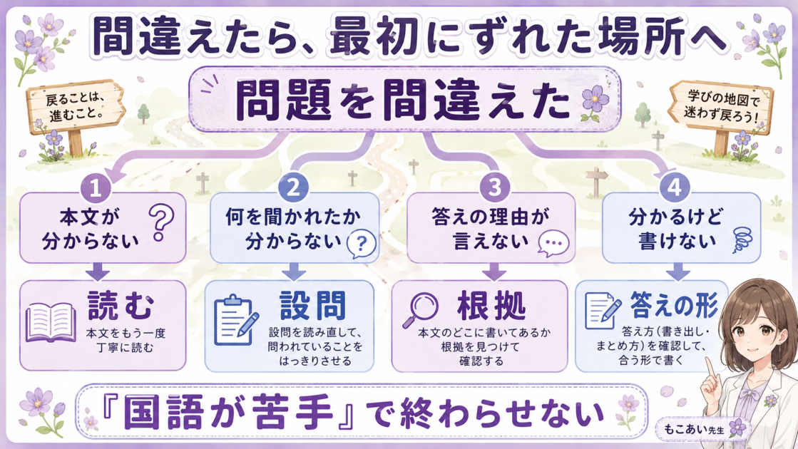 国語の文章問題を間違えたときに「読む・設問・根拠・答え」のどこへ戻るかを示す図