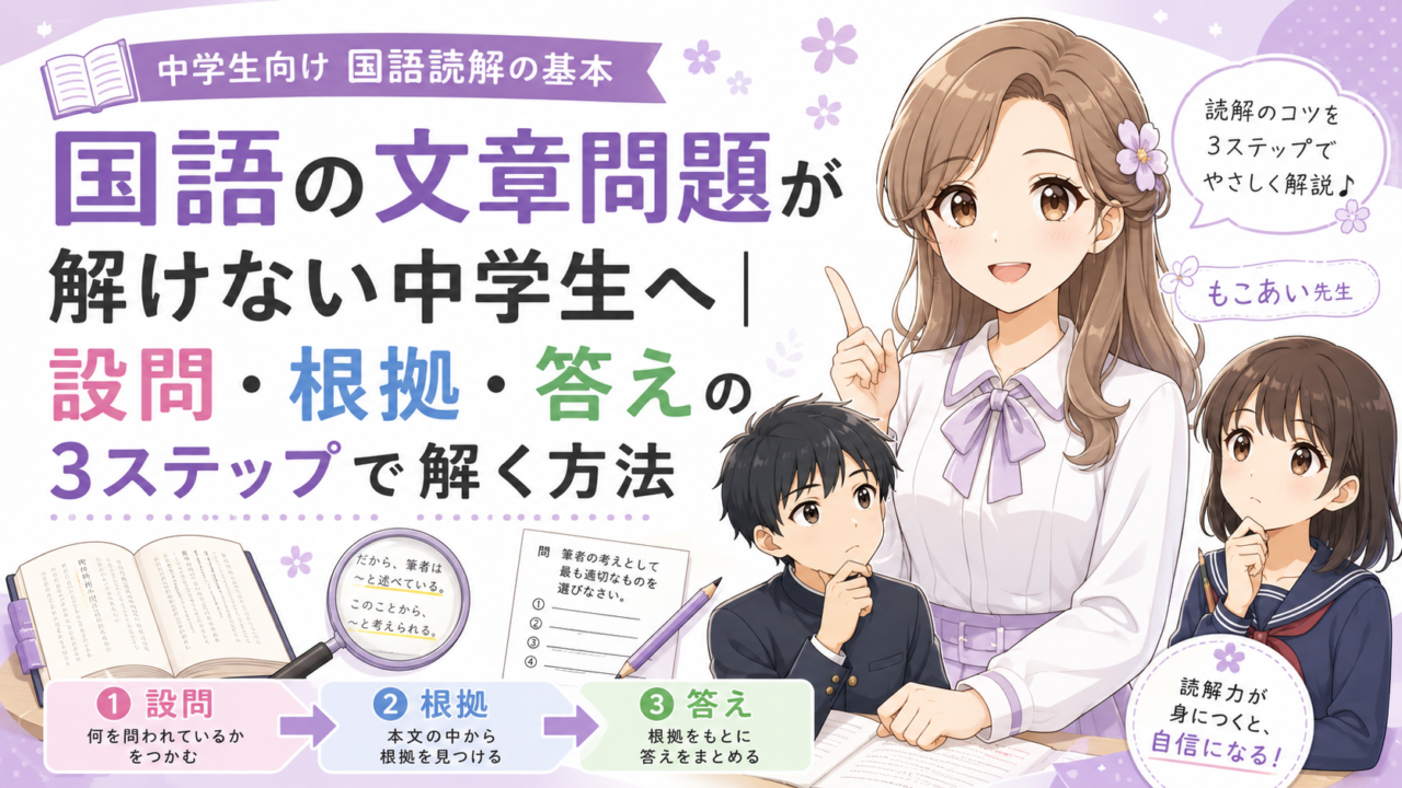 国語の文章問題を設問・根拠・答えの3ステップで解く方法を解説する中学生向けアイキャッチ