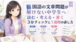 国語の文章問題で読む・考える・書くの3分チェックを使い、解けない原因を整理する中学生向けの学習図解