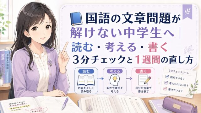 国語の文章問題で読む・考える・書くの3分チェックを使い、解けない原因を整理する中学生向けの学習図解