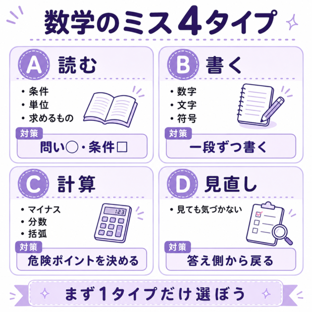 数学のケアレスミスを読む・書く・計算・見直しの4タイプに整理した図