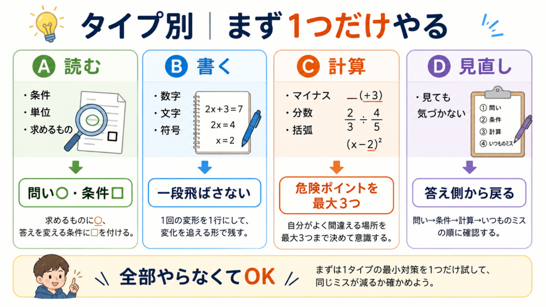 数学のケアレスミス4タイプ別に最初に試す対策をまとめた図