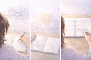 数学のミスが起きやすい3場面を示す3コマ図