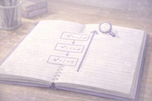 答えの式から前へ戻って確認する逆向きチェックの矢印図