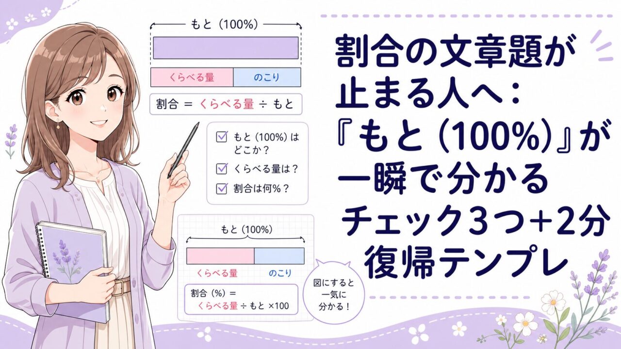 割合の文章題で「もと（100%）」を見抜く考え方を、もこあい先生と図で整理したアイキャッチ