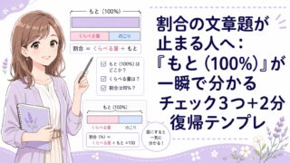 割合の文章題で「もと（100%）」を見抜く考え方を、もこあい先生と図で整理したアイキャッチ