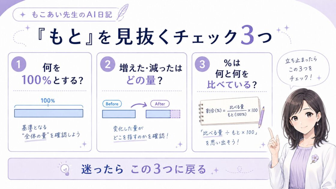 割合の文章題で何を100%とするかを見抜くための3つのチェックポイントを示した図解イラスト