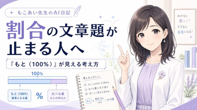 割合の文章題で止まりやすい人向けに「もと（100%）」の考え方を図とともに示した導入用イラスト