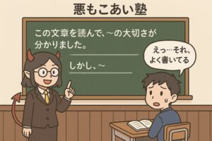 悪もこあい先生が黒板で「この文章を読んで〜の大切さが分かりました。しかし〜」と書き、健太が驚く様子を描いたアニメ調イラストで、テンプレ回答に逆説を加えて深める学習場面を示した図。 
